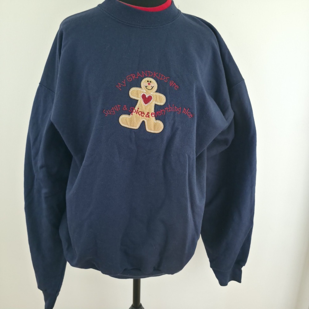 Vintage Grandkids Gingerbread Crewneck Sweatshirt Navy Blue Embroidered Large